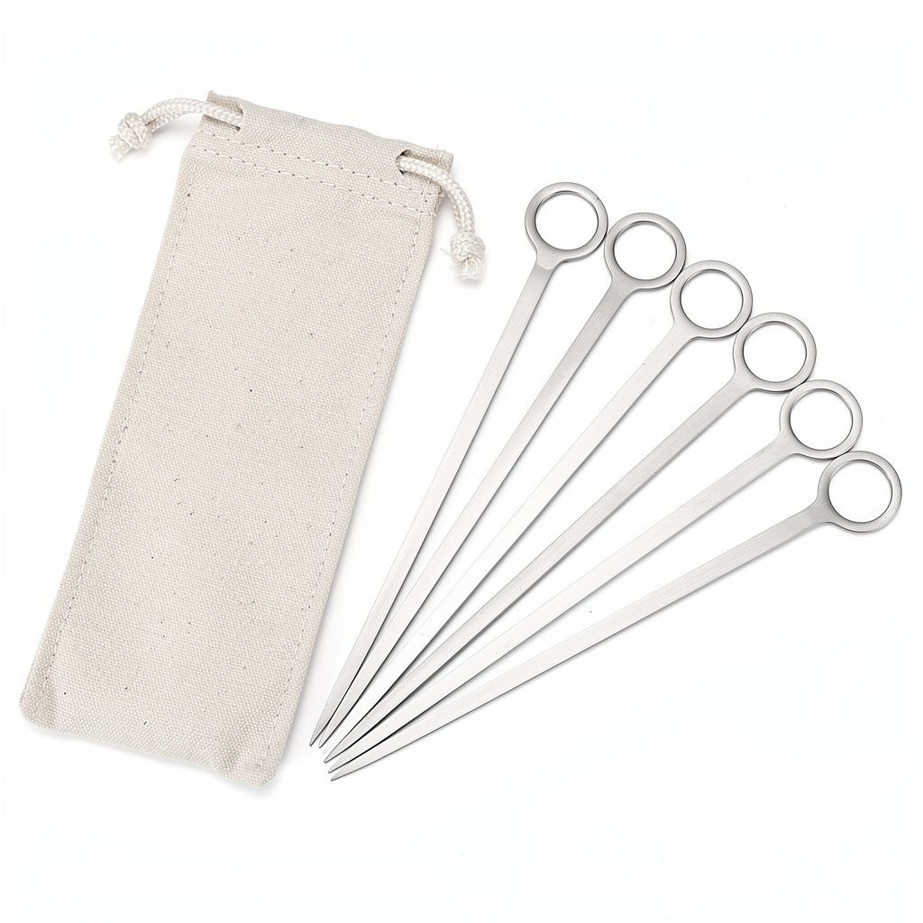 Flat Stainless Skewer Set with Ring Pull, 8-Piece