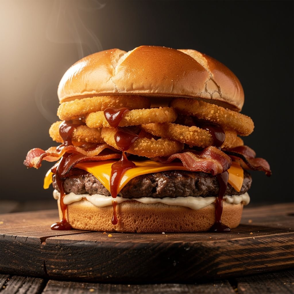 BBQ Bacon Burger with Crispy Onion Rings