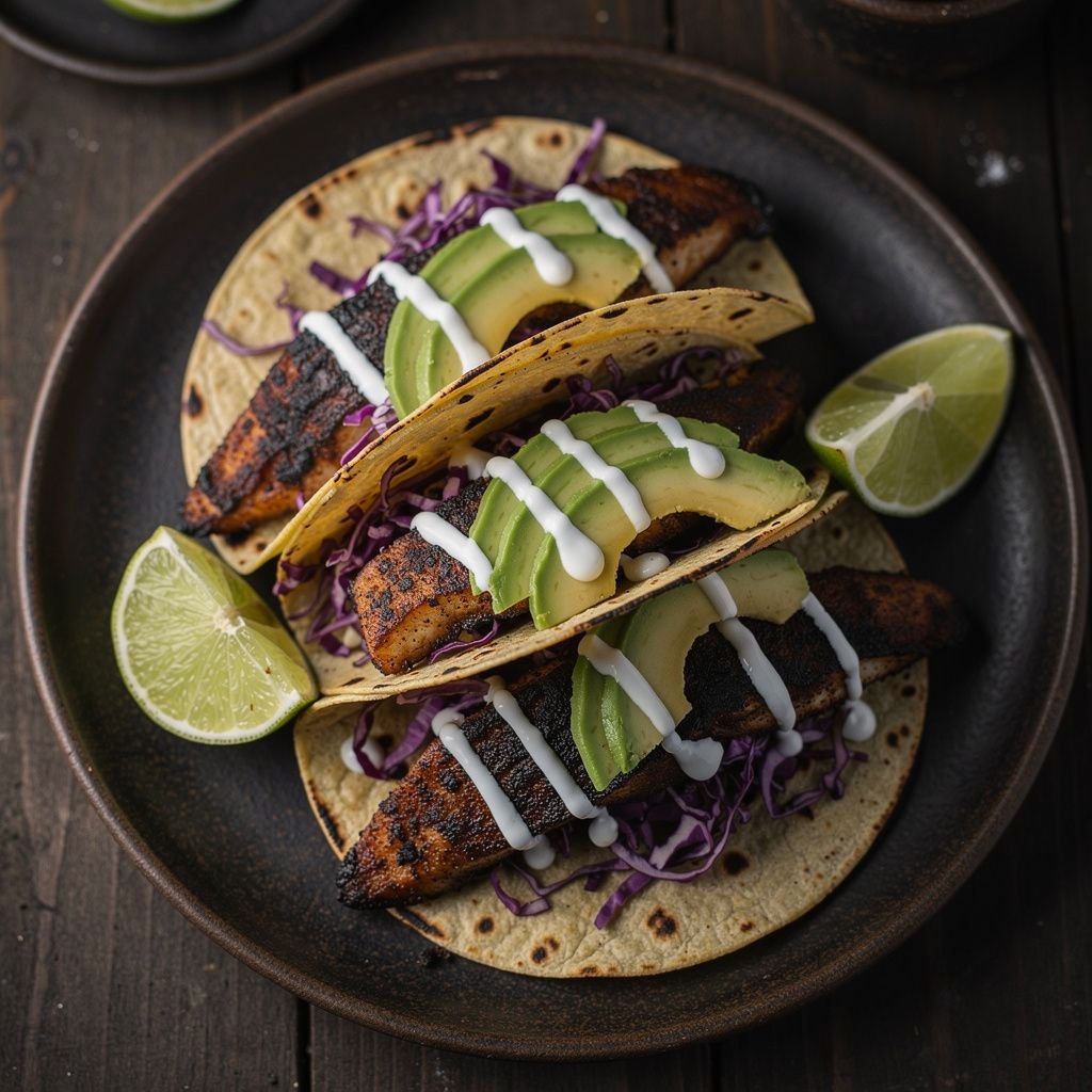 Blackened Fish Tacos with Lime Crema