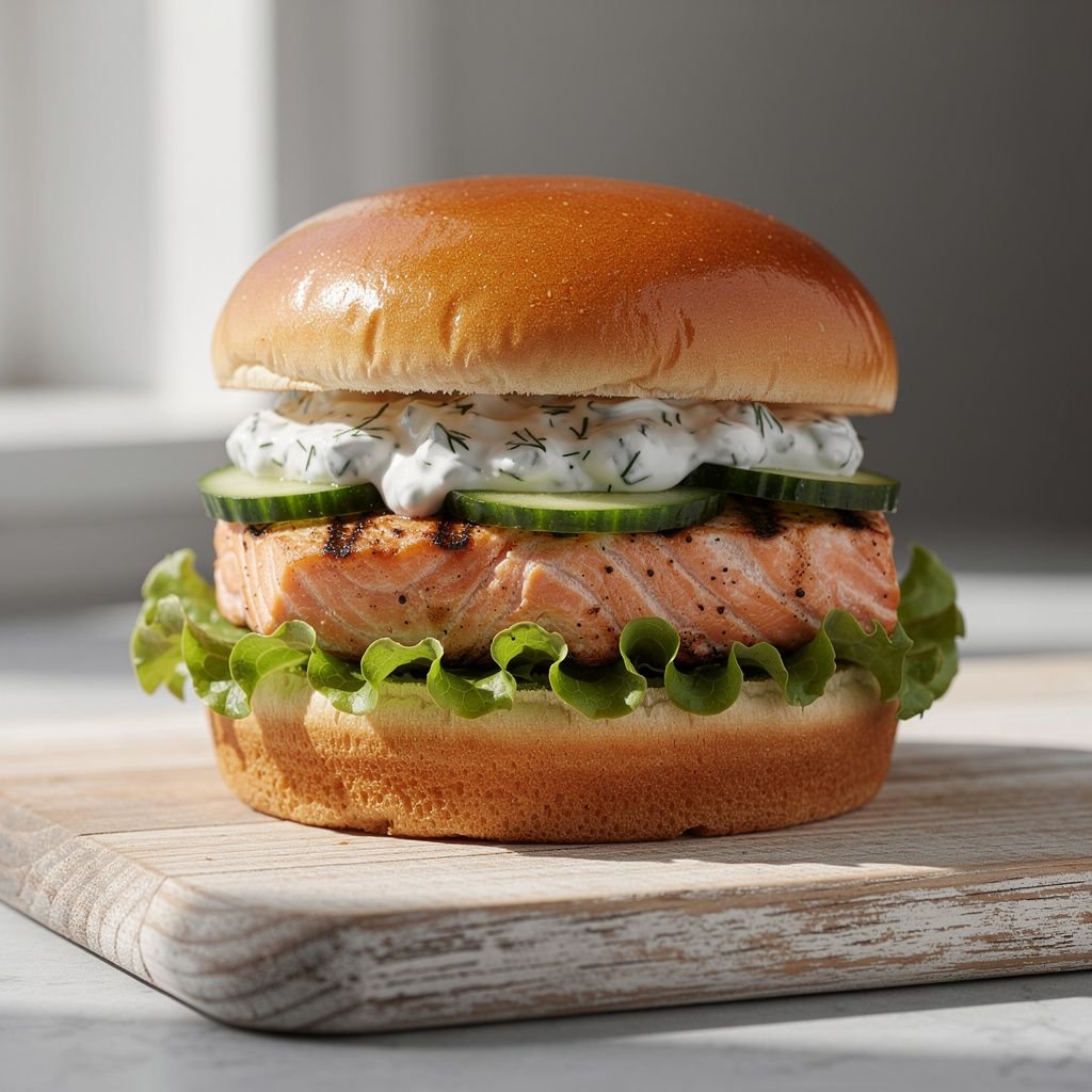 Salmon Burger with Dill Yogurt Sauce